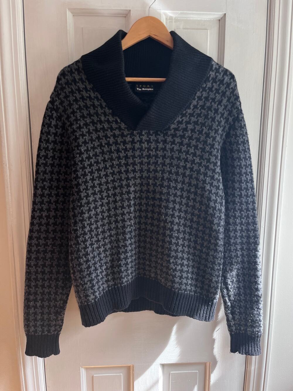 The Kooples Sport Wool Houndstooth Shawl Sweater Leather Elbow Patch Men L